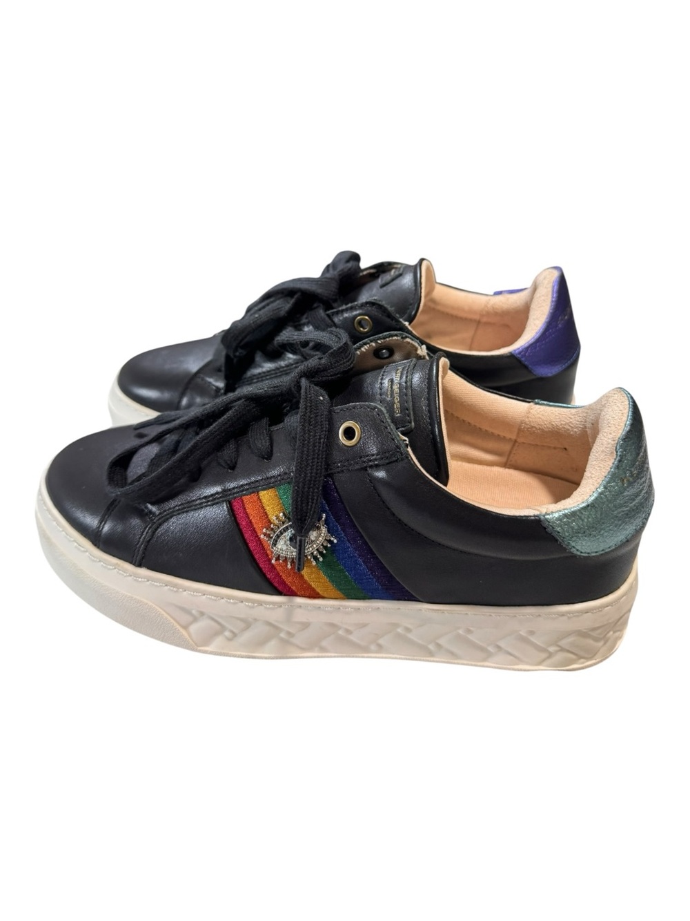 NWT Kurt Geiger London Black Leather Brixton Rainbow Evil Eye Sneakers Size 8